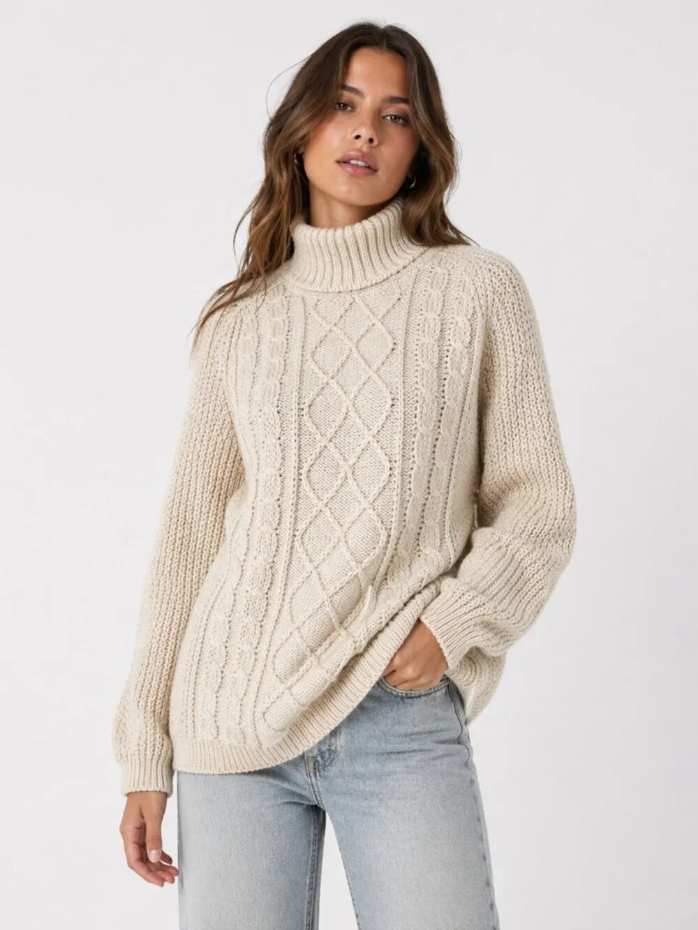 Vintage ST. MICHAEL 100% Wool Cable Knit Turtleneck Sweater Cream M